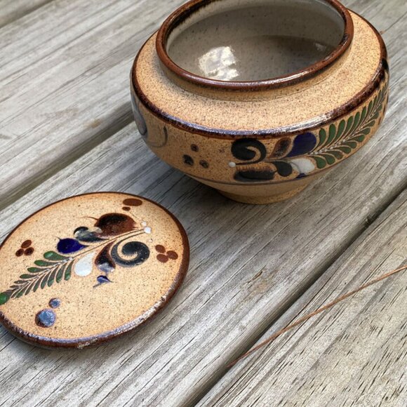 Pottery Hand Painted Mexican Stoneware Tonala Trinket Dish w/Lid Vintage - Picture 4 of 16